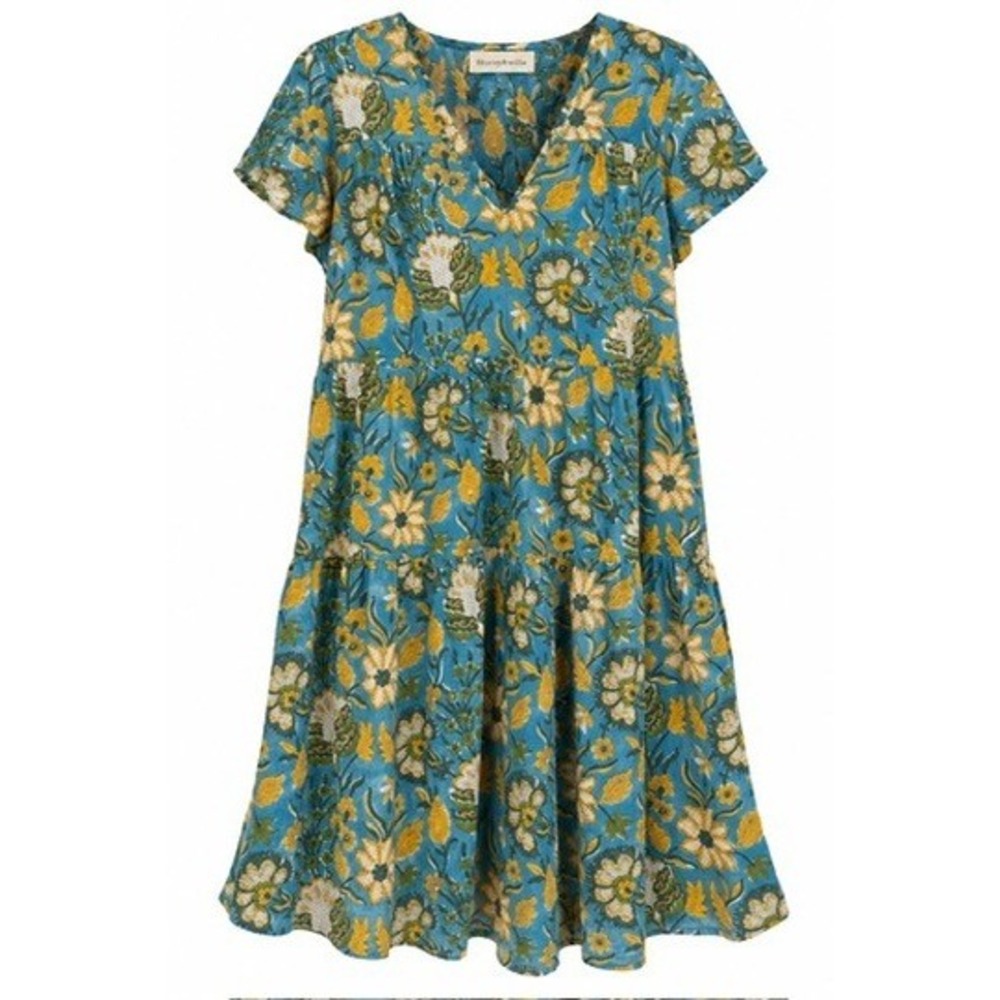 Fitzroy & Willa Tiered Mini Dress Blue Yellow Floral Block Print Cotton S